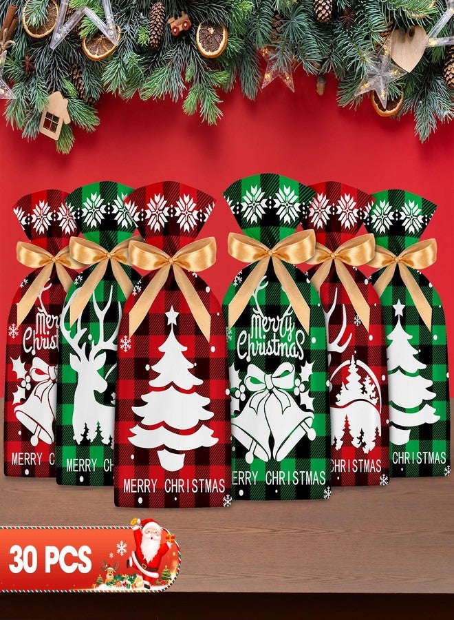 PADELO 30 Pcs Christmas Treat Bags - Merry Christma Drawstring Gift Bags, Plastic Red Green Plaid Christmass Goodie Candy Goody Snack Bags Bulk for Cookie Gifts Xmas Holiday Christmas Party Favors Supplies - Image 2